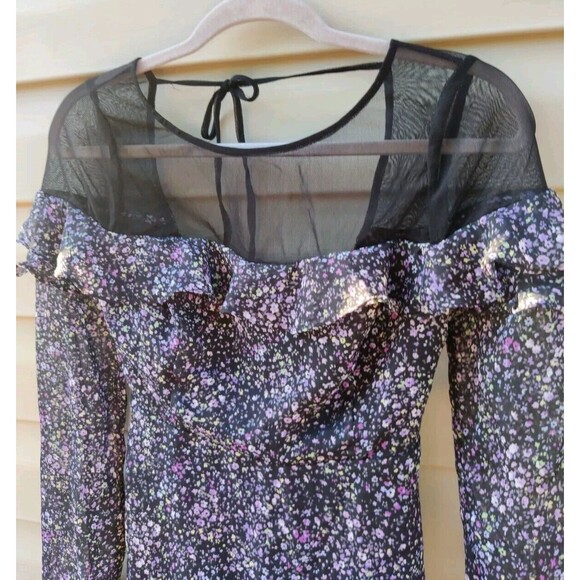 Free People Black Purple Floral Smocked Ruffle Sheer Tie Neck Top Blouse Size 2 - Picture 4 of 12